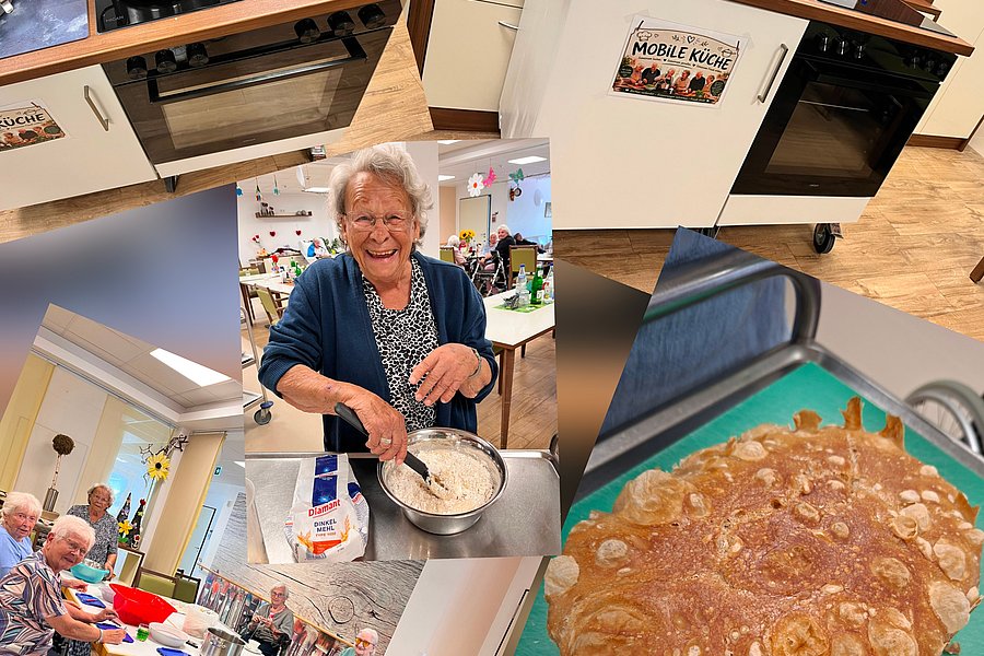 Collage mit mehreren Fotos: Zwei Töpfe mit kochendem Essen auf Herd, ältere Frau rührt in Schüssel, Gruppe älterer Menschen sitzt an Tisch, gebackenes Brot auf Backblech