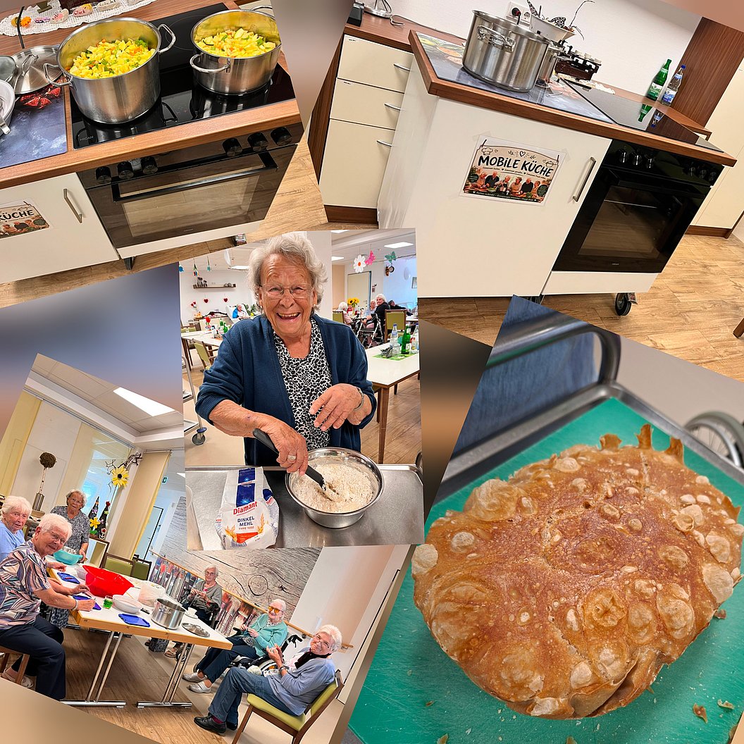 Collage mit mehreren Fotos: Zwei Töpfe mit kochendem Essen auf Herd, ältere Frau rührt in Schüssel, Gruppe älterer Menschen sitzt an Tisch, gebackenes Brot auf Backblech