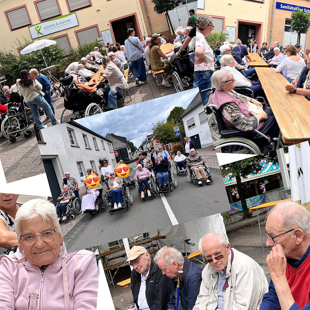 Collage aus mehreren Fotos mit älteren Menschen, die im Rollstuhl sitzen, an einem langen Tisch im Freien sitzen, auf einer Straße unterwegs sind und in einer Gruppe zusammensitzen
