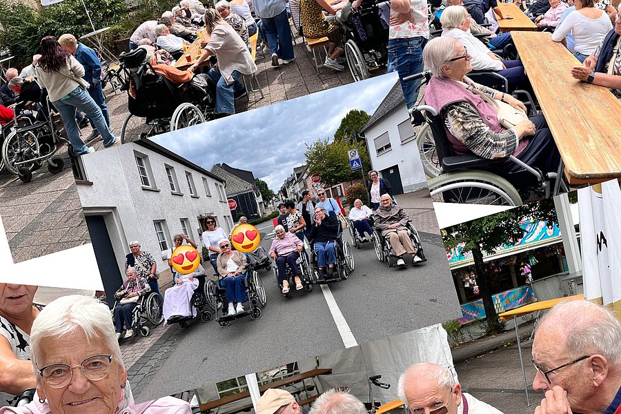 Collage aus mehreren Fotos mit älteren Menschen, die im Rollstuhl sitzen, an einem langen Tisch im Freien sitzen, auf einer Straße unterwegs sind und in einer Gruppe zusammensitzen