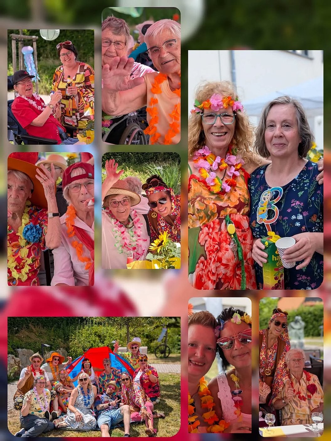 Collage aus mehreren Fotos mit älteren Menschen, die bunte Kleidung und Blumenschmuck tragen und gemeinsam im Freien feiern